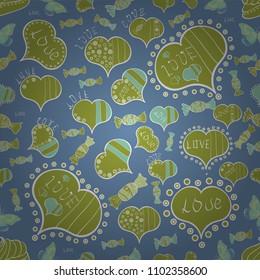 Vector. Seamless Love doodle romantic background vector with hearts. Valentine':s day. Wedding and invatation card concept. Drawing in sketch style on blue, yellow and white colors. Wrapping paper.