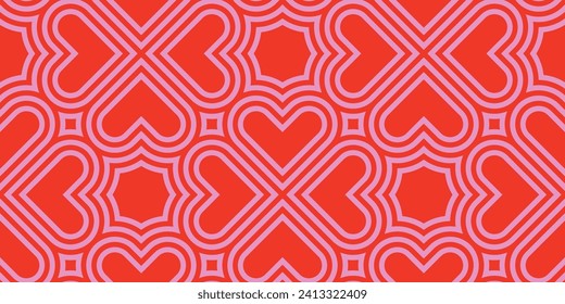 Vector seamless love heart pattern illustration. Retro geometric romantic background print in pink red colors. Valentine's day holiday backdrop texture.