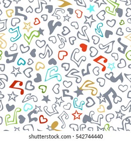 Vector seamless love and music pattern. Cartoon various music notes, hearts and stars on white background. Colourful doodles boundless background. Hand-drawn outlined symbols and silhouettes.