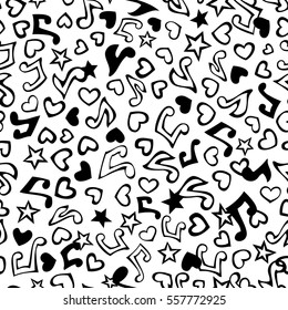 Vector seamless love and music pattern. Cartoon various music notes, hearts and stars on white background. Black and white doodles boundless background.