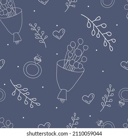 Vector. Seamless love pattern with bouquet, branch, heart, engagement ring, hand drawn sketches. Doodle illustration in cartoon style. Festive design for print and textile, wallpaper, wrapping paper.