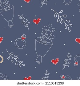 Vector. Patrón de amor sin problemas con ramo, rama, corazón, anillo de compromiso, bocetos dibujados a mano. Ilustración de dibujos animados. Diseño festivo para papel impreso y textil, papel pintado, papel envolvente.