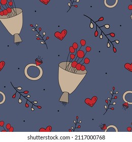 Vektorgrafik. Nahtlose Liebesmuster mit Strauß, Ast, Herz, Verlobungsring, handgezeichnet Skizzen. Doodle-Illustration im Cartoon-Stil. Festes Design für Druck und Textilien, Tapete, Umhüllungspapier.