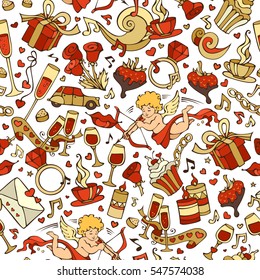 Vector seamless love pattern. Cartoon romantic objects on white background. Valentine's signs, design elements and symbols. Red and gold illustration.