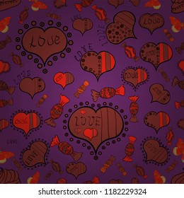 Vector. Seamless love pattern with cute lettering calligraphy text and hearts, envelopes, doodles. Graphic hearts love on purple, brown and black colors. Hand drawn illustration in cartoon style.