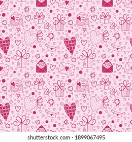 Vector seamless love pattern in doodle style in pink and magenta colors. Valentine's Day festive seamless pattern with hearts, love letters, envelopes, gift boxes, confetti.