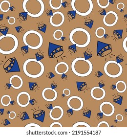 Vector. Seamless love pattern with hand drawn outline engagement ring and diamond. Sketch in cartoon style. Graphic print for postcards, invitations, textiles, packaging for Valentine's Day.