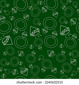 Vector. Seamless love pattern with hand drawn outline engagement ring and diamond. Sketch in cartoon style. Graphic print for postcards, invitations, textiles, packaging for Valentine's Day.