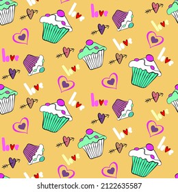 Vector seamless love symbol half-drop pattern, with stylish hearts, cupcake and word "Love"