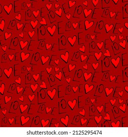 Vector seamless love symbol half-drop pattern, with stylish hearts and word "Love"