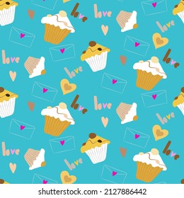 Vector seamless love symbol half-drop pattern, with stylish hearts, cupcake and word "Love"