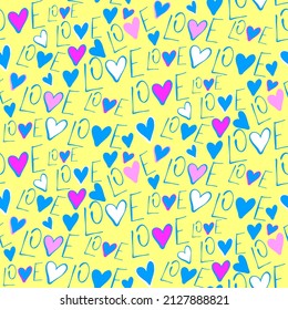 Vector seamless love symbol half-drop pattern, with stylish hearts and word "Love"