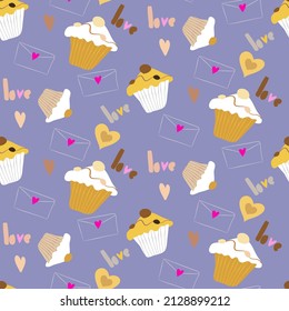 Vector seamless love symbol half-drop pattern, with stylish hearts, cupcake and word "Love"