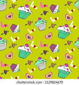 Vector seamless love symbol half-drop pattern, with stylish hearts, cupcake and word "Love"