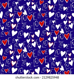 Vector seamless love symbol half-drop pattern, with stylish hearts and word "Love"
