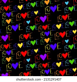 Patrón de media caída del símbolo de amor sin fisuras del vector, con corazones elegantes y la palabra "amor"