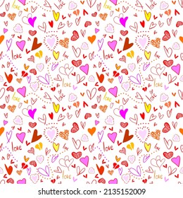 Vector seamless love symbol half-drop pattern, with stylish hearts and word "Love"