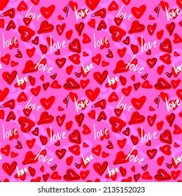 Patrón de media caída del símbolo de amor sin fisuras del vector, con corazones elegantes y la palabra "amor"
