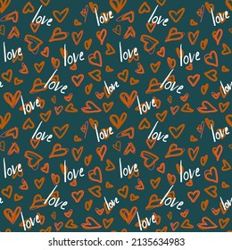 Vector seamless love symbol half-drop pattern, with stylish hearts and word "Love"