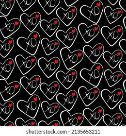 Patrón de medio gota de símbolo de amor sin fisuras vectorial, con corazones elegantes y frase xoxo (abrazos y besos)