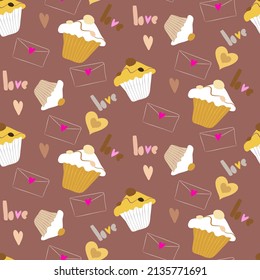 Vector seamless love symbol half-drop pattern, with stylish hearts, cupcake and word "Love"