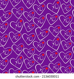 Vector seamless love symbol half-drop pattern, with stylish hearts and xoxo (hugs and kisses) phrase