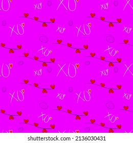 Patrón de medio gota de símbolo de amor sin fisuras vectorial, con corazones elegantes y frase xoxo (abrazos y besos)