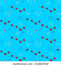 Vector seamless love symbol half-drop pattern, with stylish hearts and xoxo (hugs and kisses) phrase