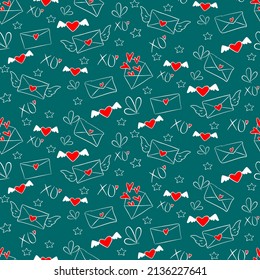 Vector seamless love symbol half-drop pattern, with stylish hearts and xoxo (hugs and kisses) phrase