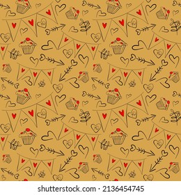 Vector seamless love symbol half-drop pattern, with stylish hearts and xoxo (hugs and kisses) phrase