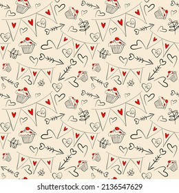 Vector seamless love symbol half-drop pattern, with stylish hearts and xoxo (hugs and kisses) phrase