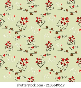Vector seamless love symbol half-drop pattern, with stylish hearts and xoxo (hugs and kisses) phrase
