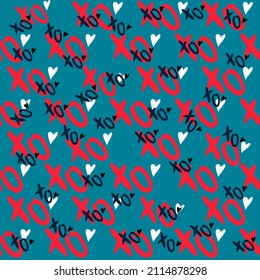 Vector seamless love symbol pattern, with stylish hearts and xoxo (hugs and kisses) phrase 