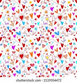 Vector seamless love symbol pattern, with stylish hearts and word "Love"