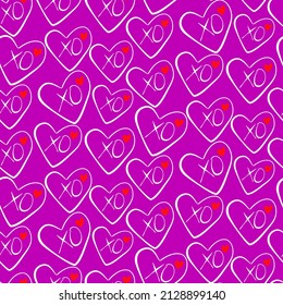 Vector seamless love symbol pattern, with stylish hearts and xoxo (hugs and kisses) phrase
