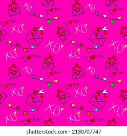 Vector seamless love symbol pattern, with stylish hearts and xoxo (hugs and kisses) phrase