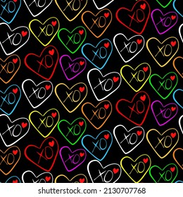 Vector seamless love symbol pattern, with stylish hearts and xoxo (hugs and kisses) phrase