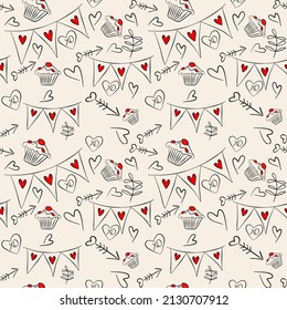 Vector seamless love symbol pattern, with stylish hearts and xoxo (hugs and kisses) phrase