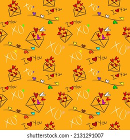 Vector seamless love symbol pattern, with stylish hearts and xoxo (hugs and kisses) phrase