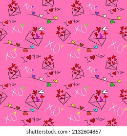 Vector seamless love symbol pattern, with stylish hearts and xoxo (hugs and kisses) phrase