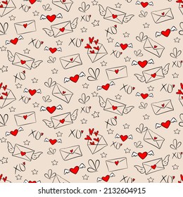 Vector seamless love symbol pattern, with stylish hearts and xoxo (hugs and kisses) phrase