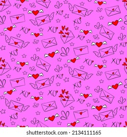 Vector seamless love symbol pattern, with stylish hearts and xoxo (hugs and kisses) phrase