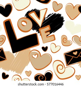 Vector seamless love text, heart and letter pattern in beige and orange colors, spring summer time, gentle romantic Valentine day background allover print design. Sketch on a white background.