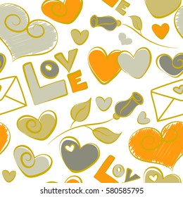 Vector seamless love text, heart and letter pattern in white and yellow colors, spring summer time, gentle romantic Valentine day background allover print design. Sketch on a white background.