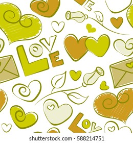 Vector seamless love text, heart and letter pattern in white and yellow colors, spring summer time, gentle romantic Valentine day background allover print design. Sketch on a white background.