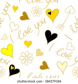 Vector seamless I love you text and heart pattern in yellow, black and beige colors, spring summer time, gentle romantic Valentine day background allover print design. Sketch on a white background.