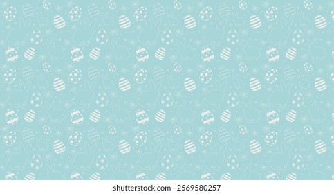 Vector seamless lovely pattern with bunnies, Easter eggs, bow, stars. Easter repeat pattern for decoration and print. Horizontal Easter cute repetition pattern