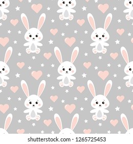 Vector seamless lovely romantic pattern with cute rabbits, hearts, stars on grey background. Endless texture. Children's background for web, covers, banners, decoration, elegant design.