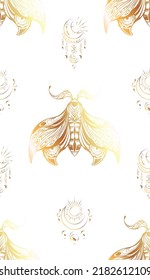Vector seamless luxury pattern with drawing night butterfly with boho decoration and celestial amulets. Mystical texture with golden moth with tracery ornament. Rich fabric on white background.
