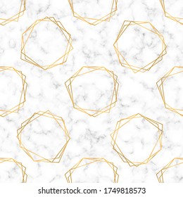 Vector seamless luxury pattern with white marble texture and golden frames. Marble background with golden polygons over it. Elegance backdrop for wedding invitations, decoration, card